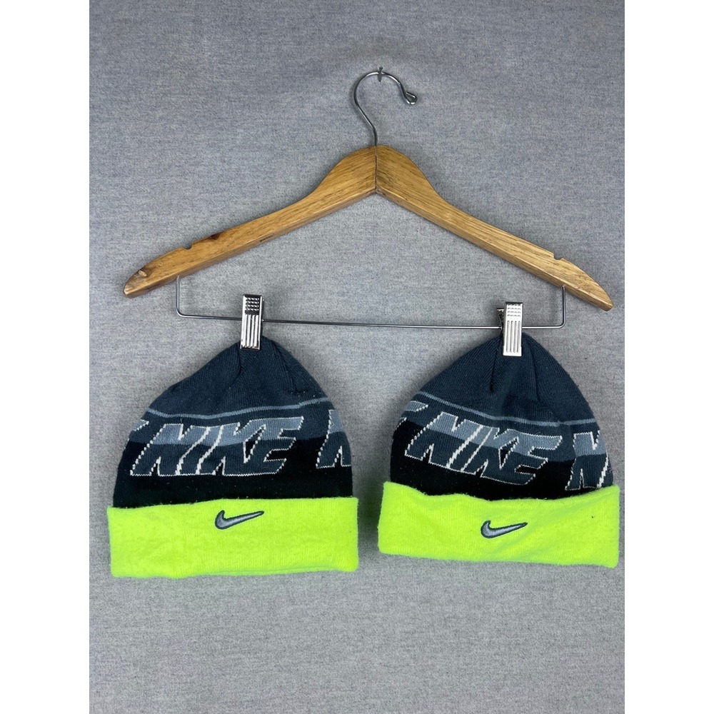 Nike‎ Beanie Hat Black Neon Volt Green Grey Knit Swoosh Logo Winter Mens y2k 90s